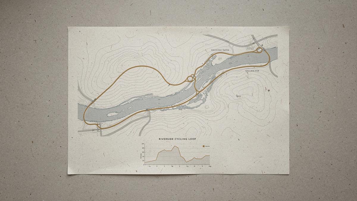 Topographic route map of a riverside e-bike loop with an elevation profile