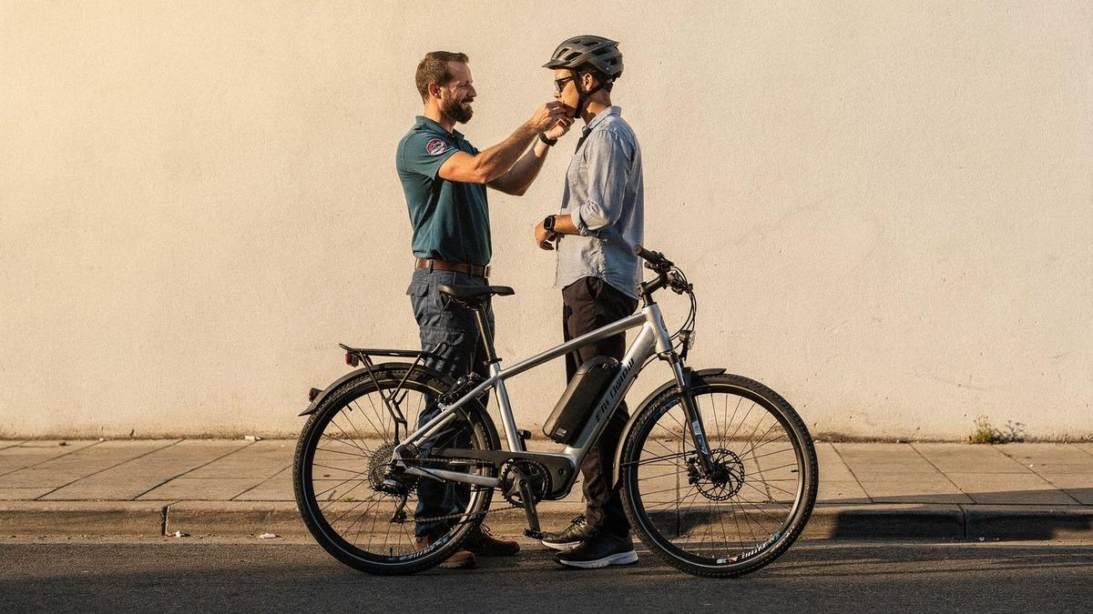 Technician adjusting a rider's helmet strap beside a charged electric bicycle at a Kyiv rental hub